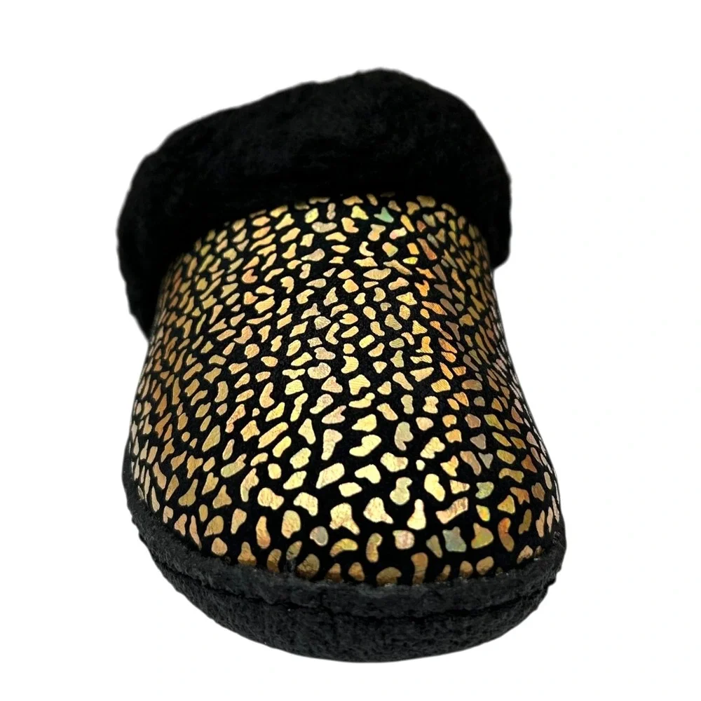 SOREL Nakiska Youth Girls Faux Fur Slippers Size 2 Black Gold Animal‎ Print Warm